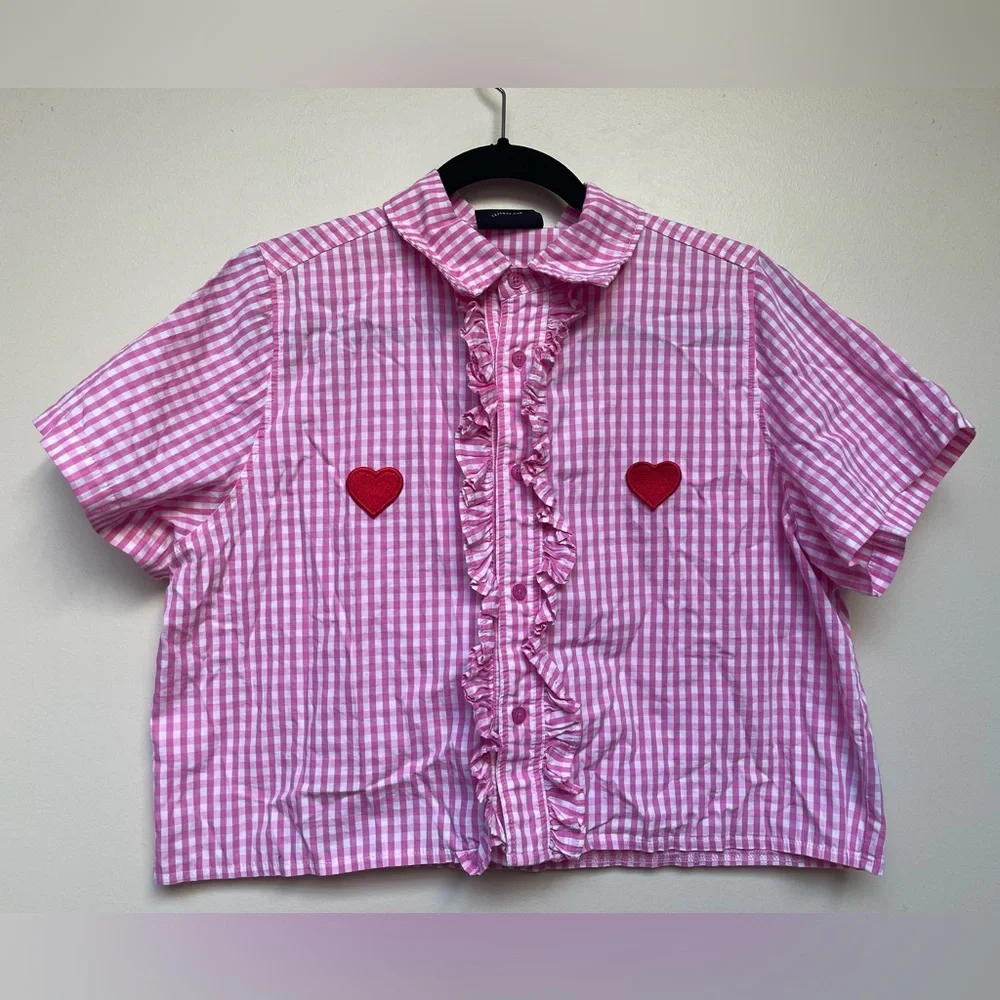 LAZY OAF gingham pink with hearts button up cropped shirt | SIZE L - Picture 3 of 9